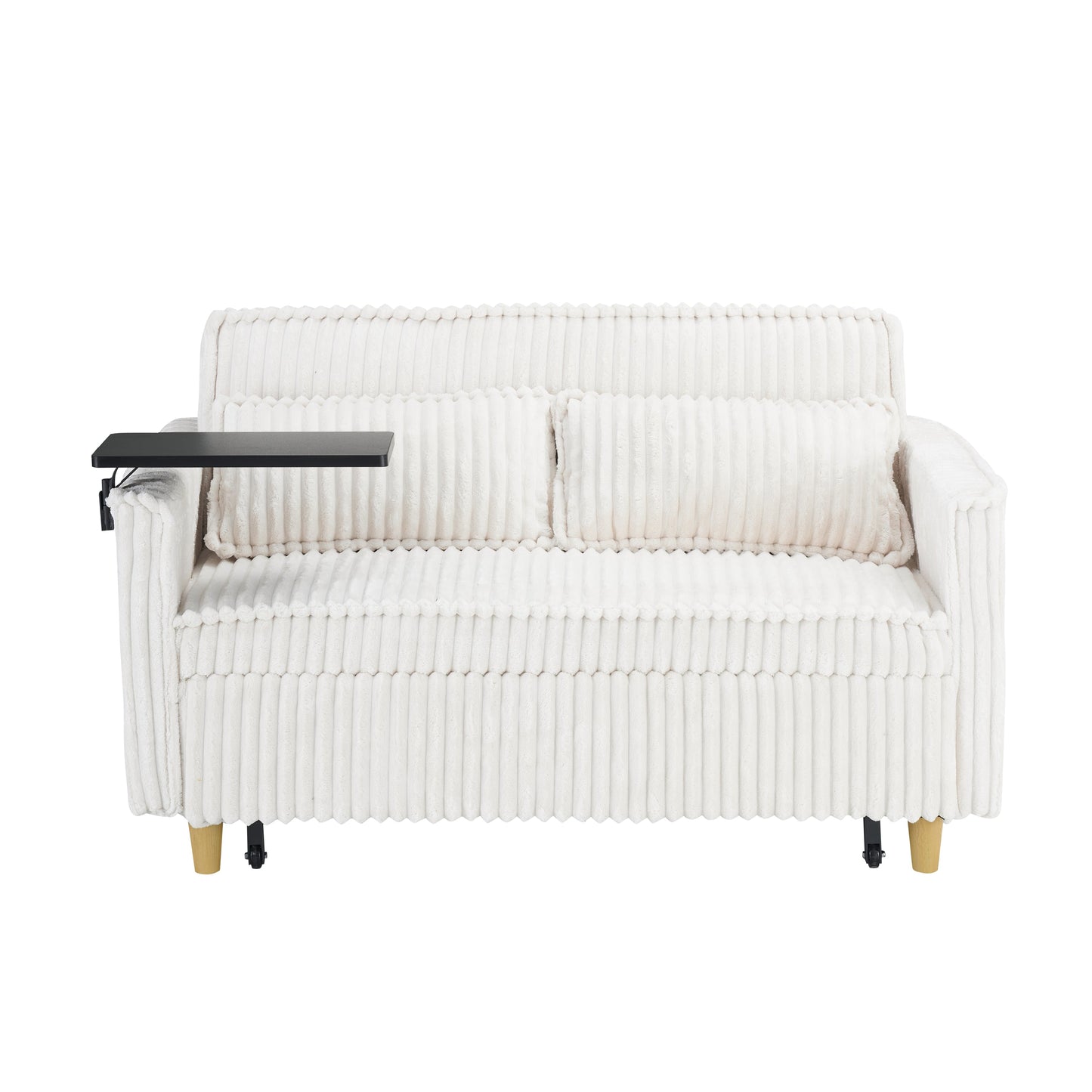 NEW Pull-out Push-in Beige Corduroy Sofa with Dual Functions Movable Tabletop and USB Ports
