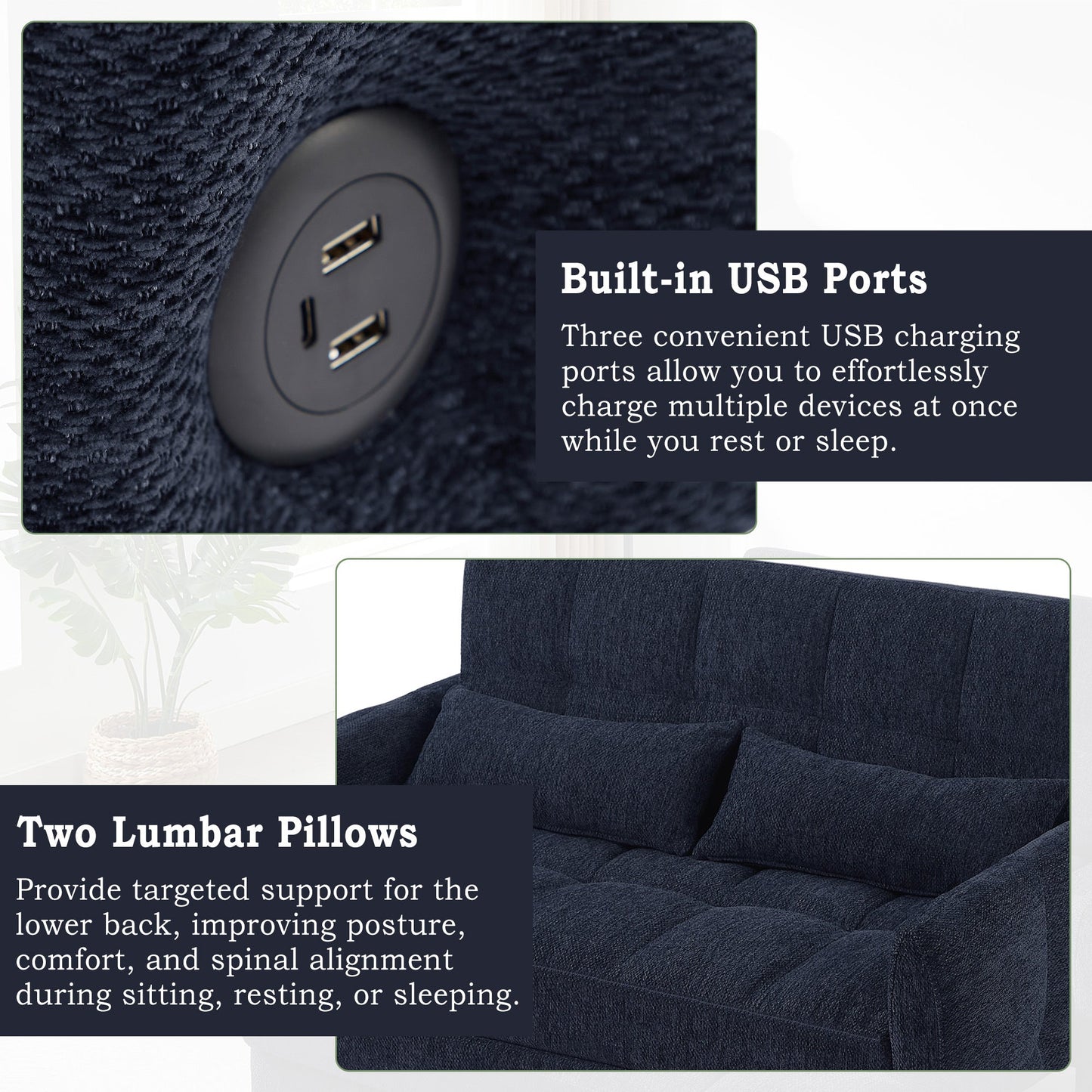 NEW Modern Loveseat Sofa Pull-out Bed with Adjustable Backrest, USB Ports, Lumbar Pillows, Blue Chenille, 52.8'