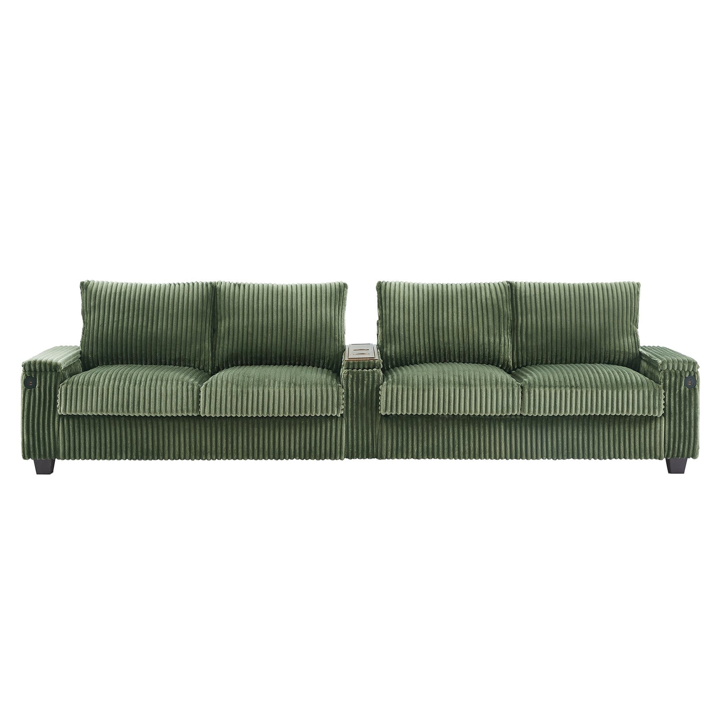NEW Modern 4-Seater Green Corduroy Sofa with USB Ports Hidden Storage Arms and Flip-Top Cup Holders