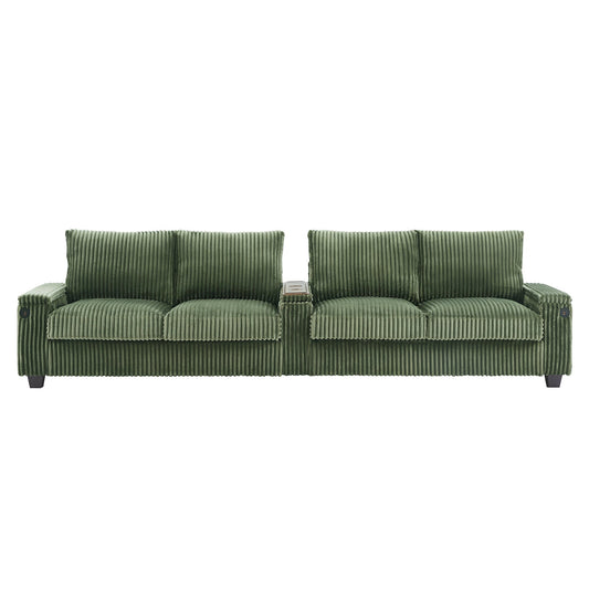 NEW Modern 4-Seater Green Corduroy Sofa with USB Ports Hidden Storage Arms and Flip-Top Cup Holders
