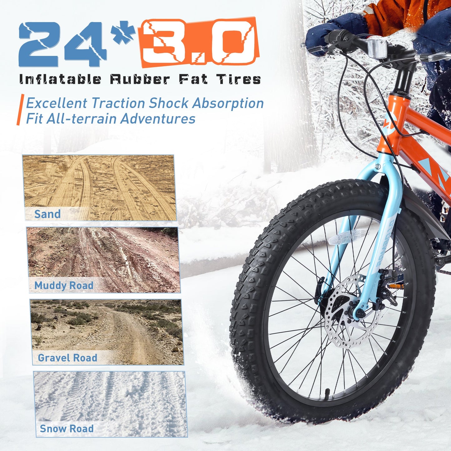 NEW 24 Inch Bicycles , Fat Tire Mountain Bike for Boys and Girls Age 10 + Years ,Dual-Disc Brake,Shimano 7-Speed ,Kids Beach and Snow Bicycle