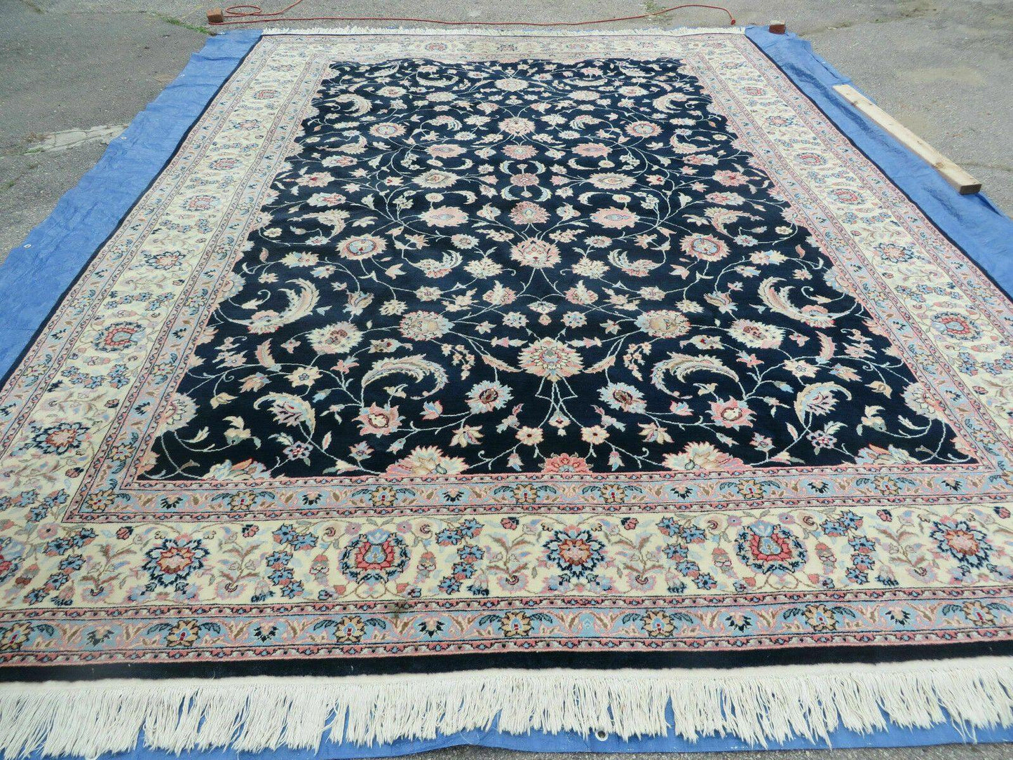 USED Large Indo Persian Rug 10x14, Wool Hand-Knotted Carpet, Navy Blue Ivory