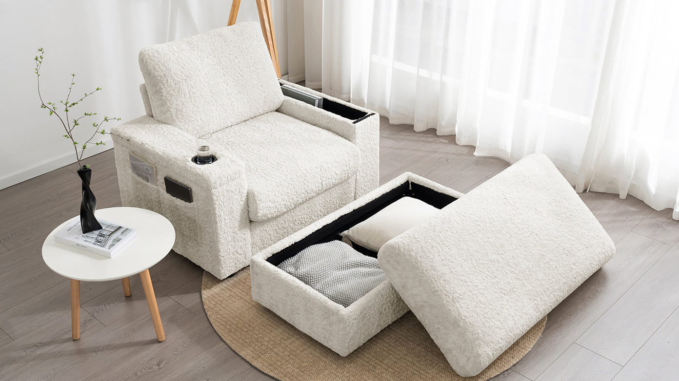 NEW Luxurious Faux Rabbit Fur Oversized Chaise Lounge Sofa Bed with Storage Ottoman Armrests and Cup Holders