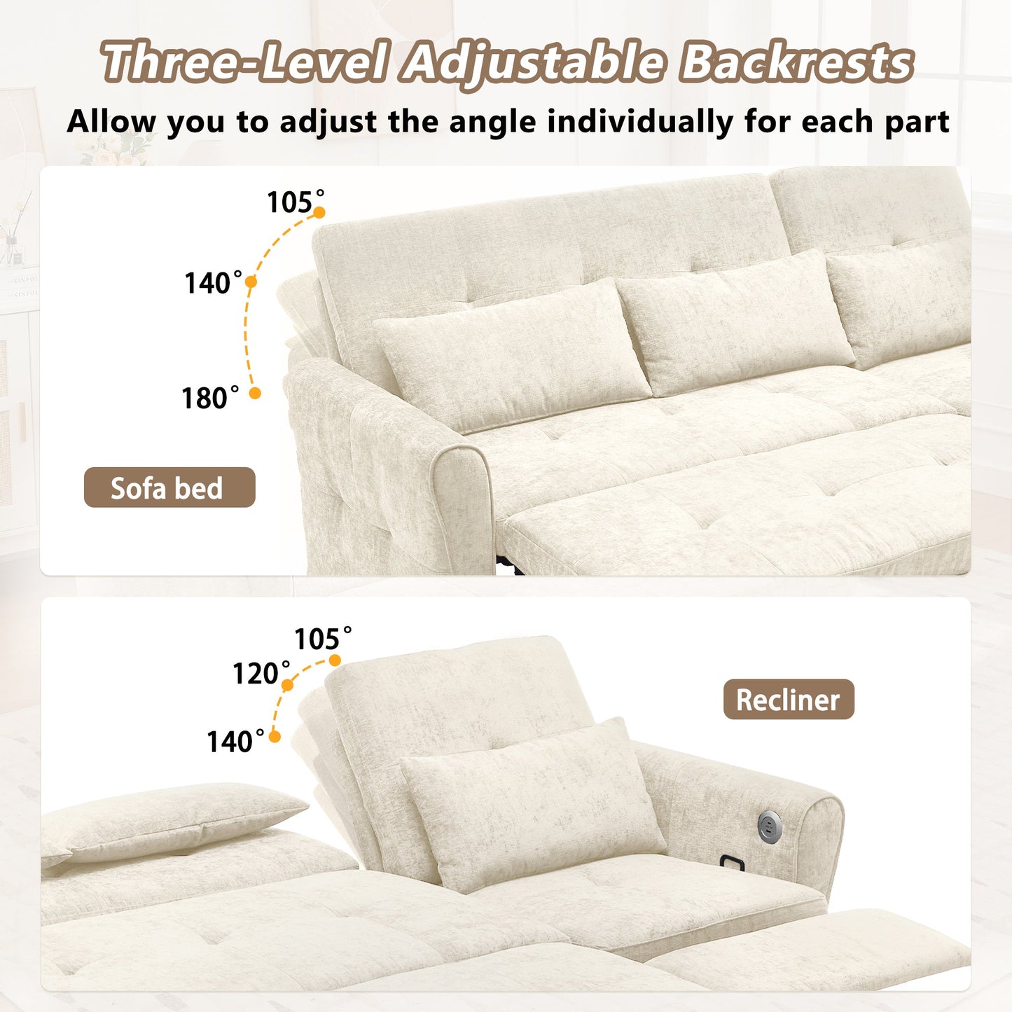 NEW Beige 82' Chenille Upholstered Two-in-One  Three-Seat Sofa with Pull-out Bed