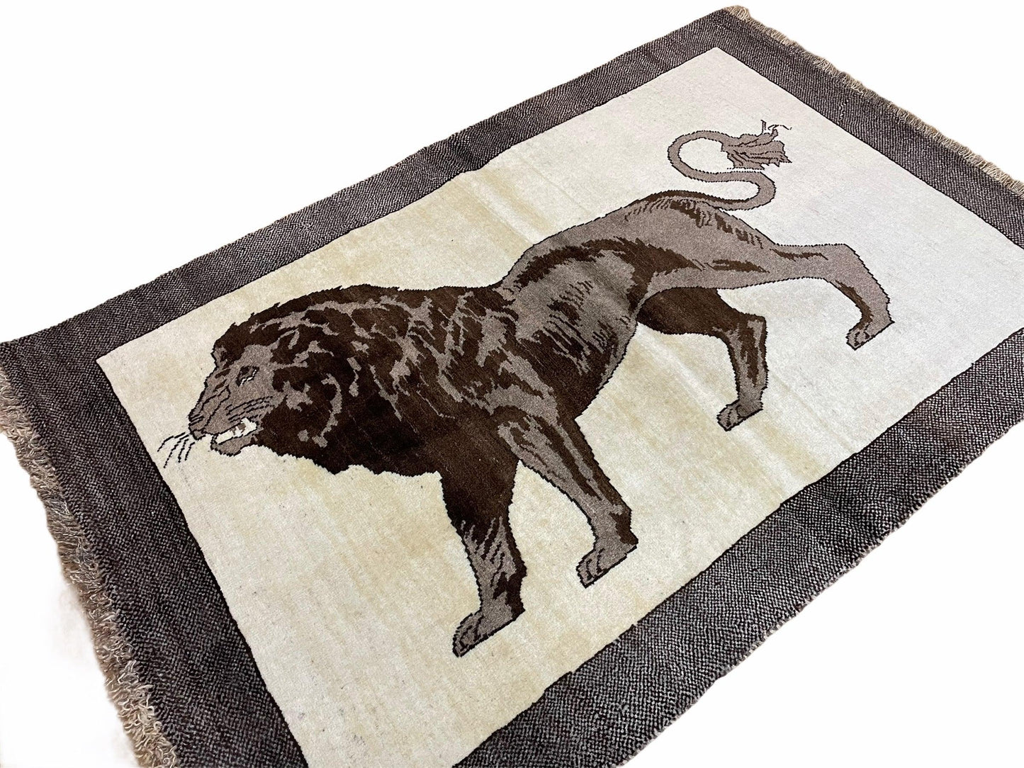 USED 3 x 5 Handmade Rug Brown Beige Hand-Knotted Lion Rug New Vintage Quality Animal