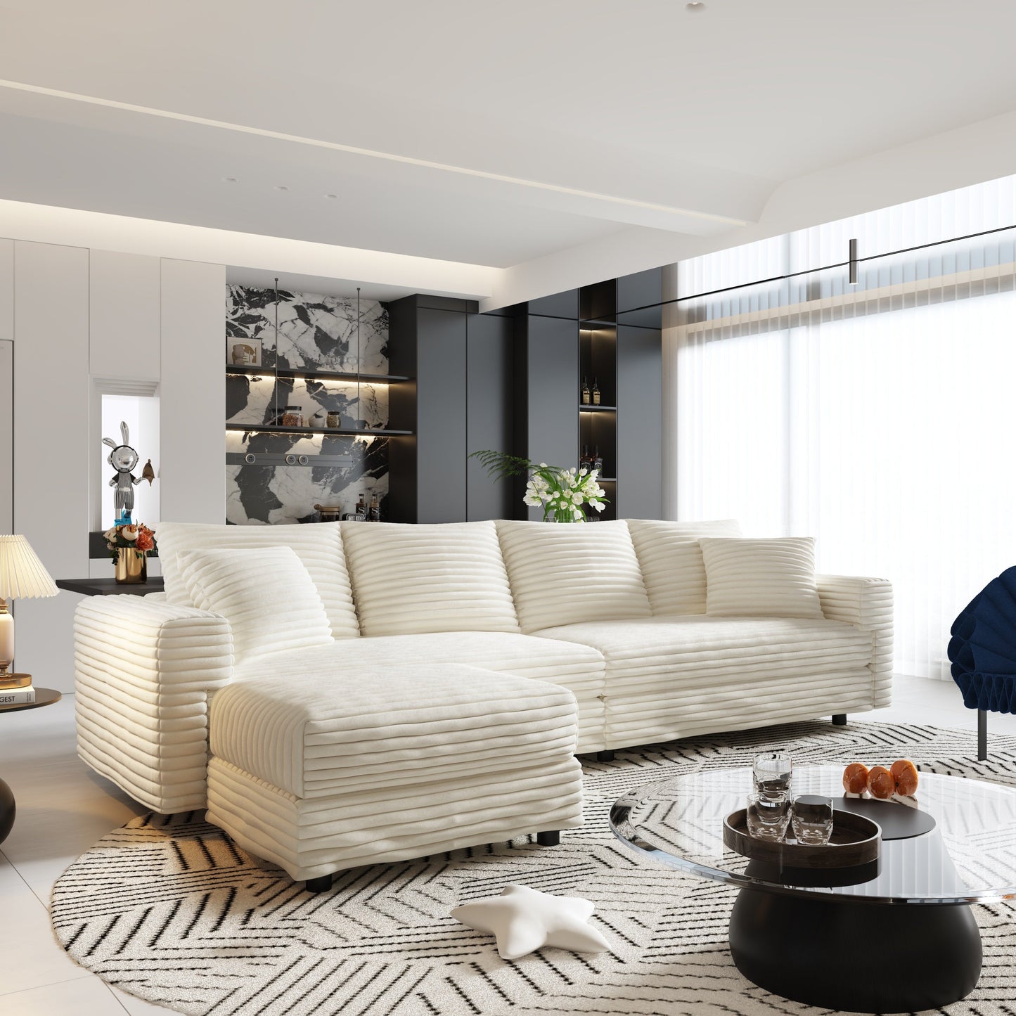 NEW 104.3' Modern 4-Seat  Beige Comfy Upholstered Plush Corduroy Sofa