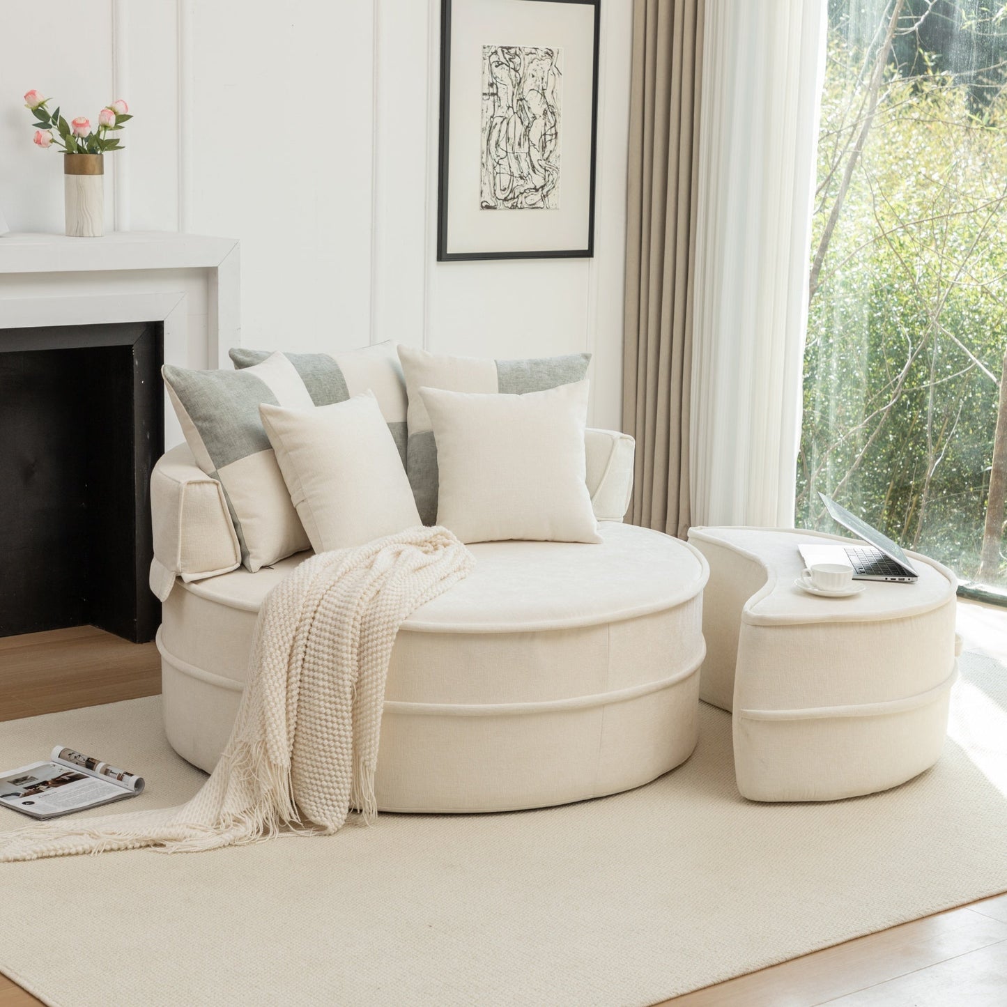 NEW Modern Oversized Beige Round Barrel Velvet Upholstered Lounge Armchair Accent Chair with Ottoman and 5 Pillows