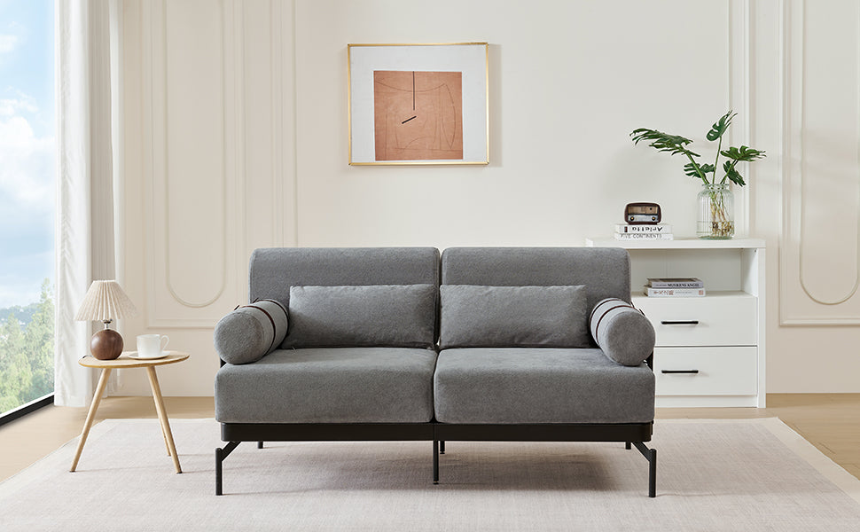 NEW Modern Grey Chenille 2 Seater Loveseat 59' Sofa Couch with USB Ports Unique Cylindrical Armrests