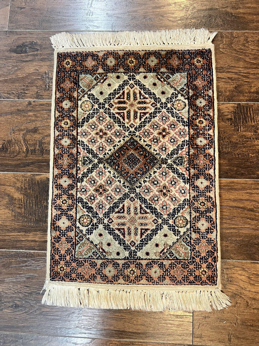 USED Small Indo Persian Rug 1.5 x 2, Hand Knotted Oriental Carpet, Wool Vintage Handmade, Cream Multicolor, Panel Design