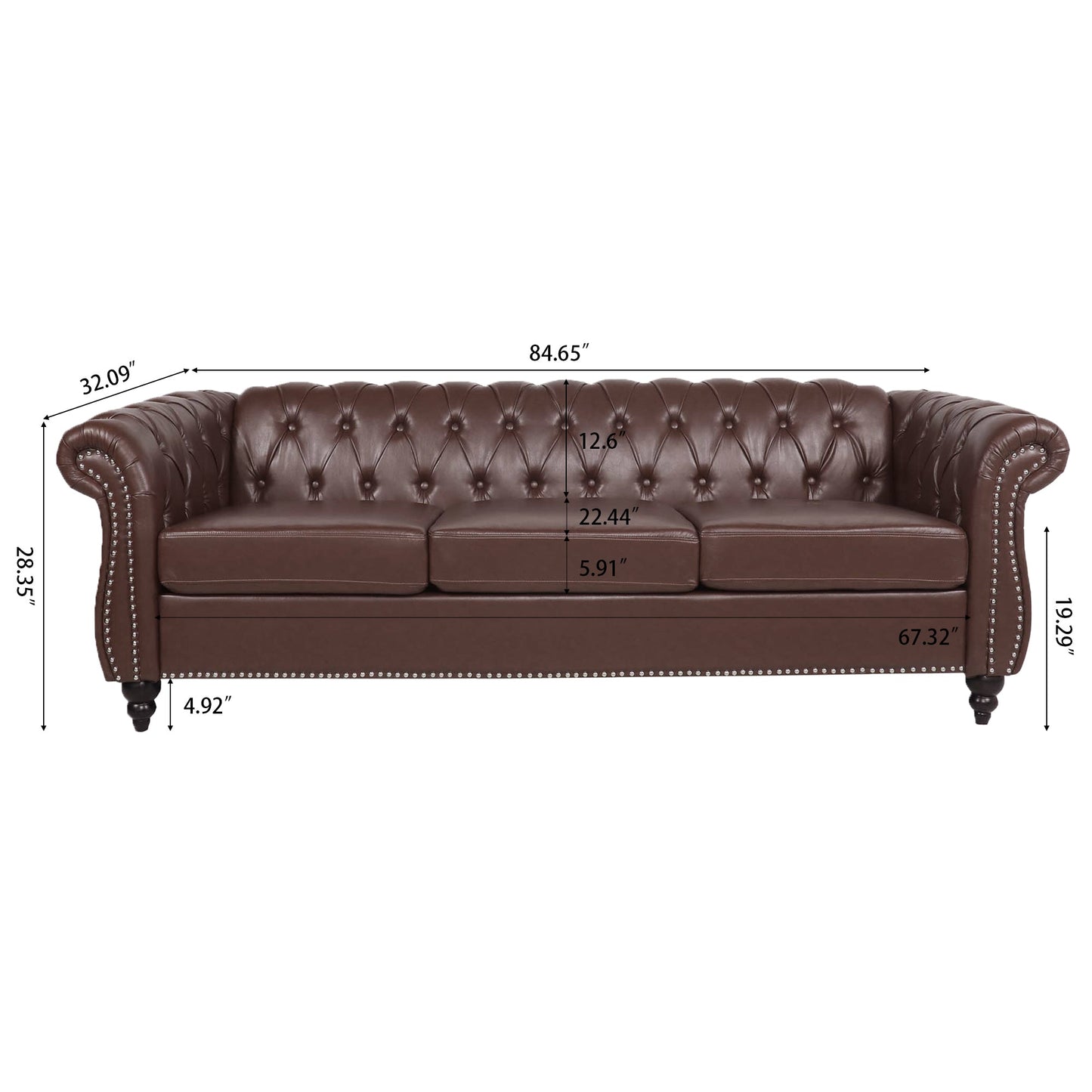 NEW Dark Brown PU Rolled Arm Chesterfield Three Seater Sofa