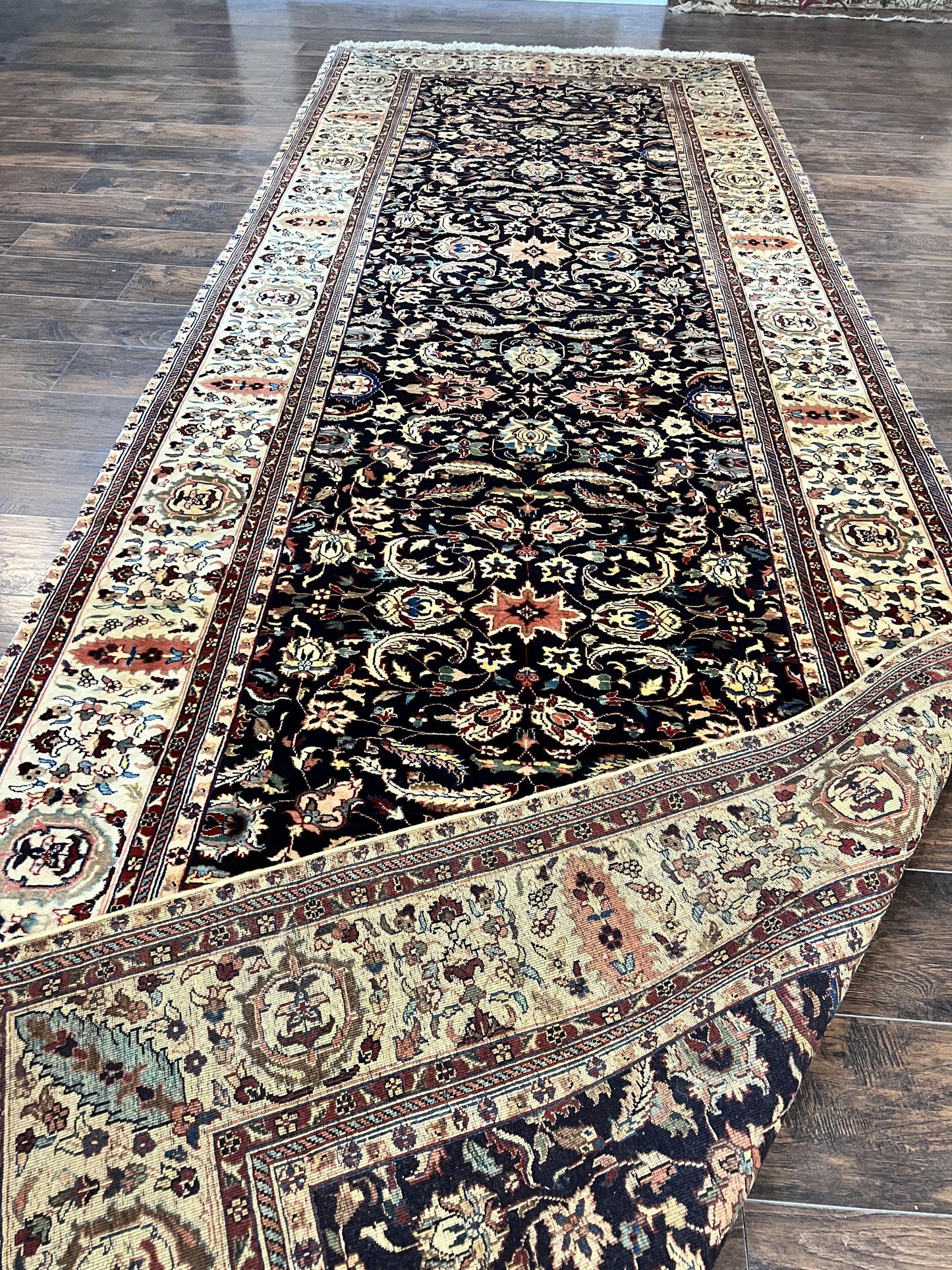 USED Indo Persian Rug 5x15, Wide Runner Rug 5 x 15 ft, Wool Hand Knotted Vintage Carpet, Black & Cream, Floral Allover Long Oriental Rug