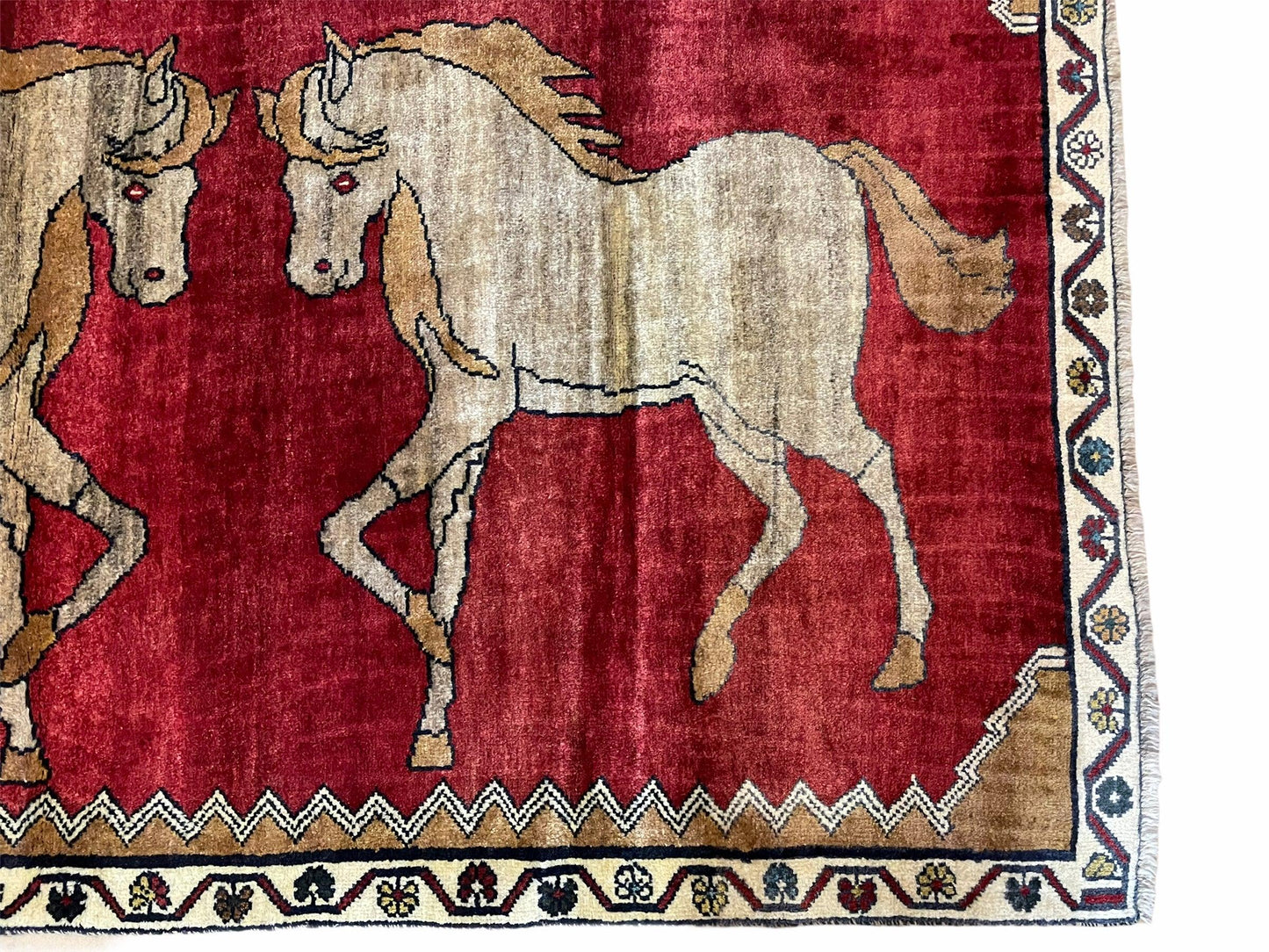 USED 4 X 6 Handmade Hand-Knotted New Vintage Rug Wool Horses Red Organic Dyes Tribal