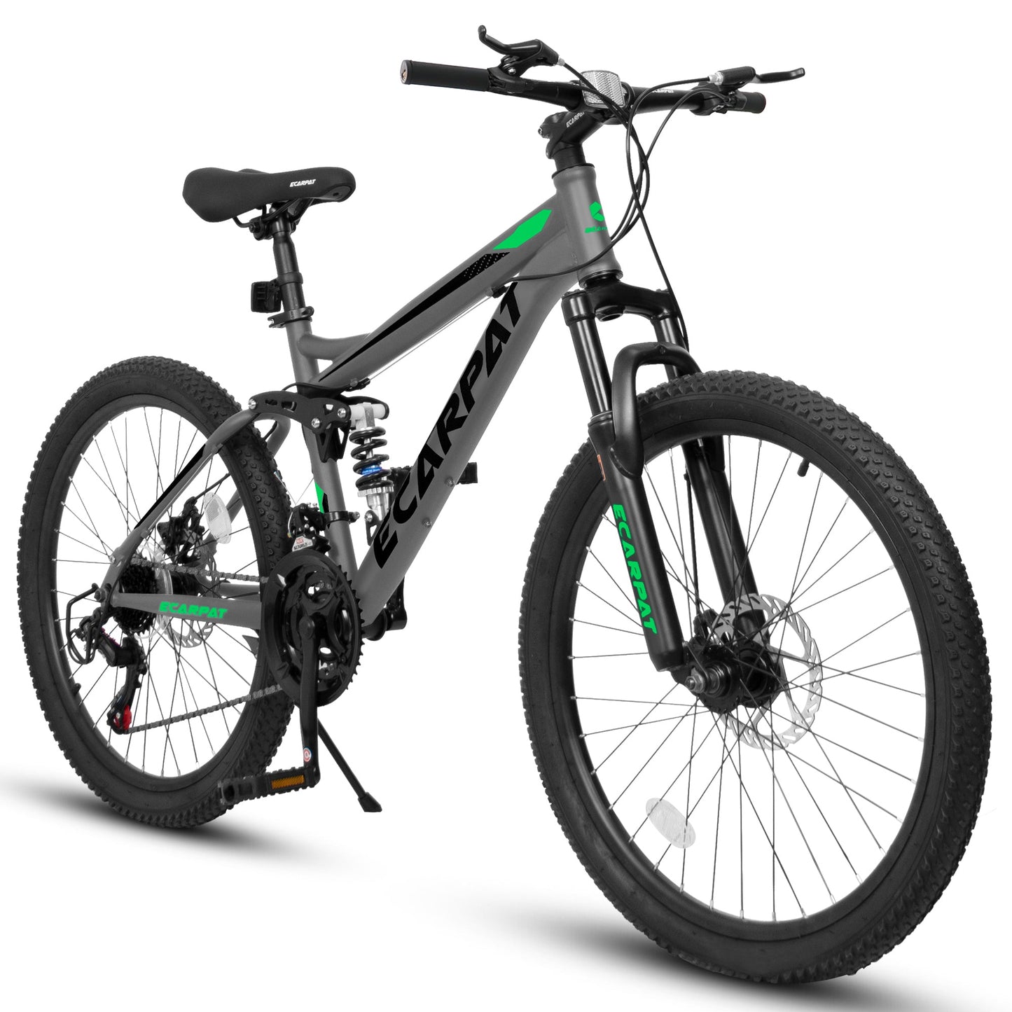 NEW A2460 24 Inch Mountain Bike with Full Suspension, 21 Speed Shifter Lever with Gear Indicator, High Carbon Steel Frame, Mechanical Disc Brakes, Unisex for Men/Women/ Adults, Ideal for Trails.