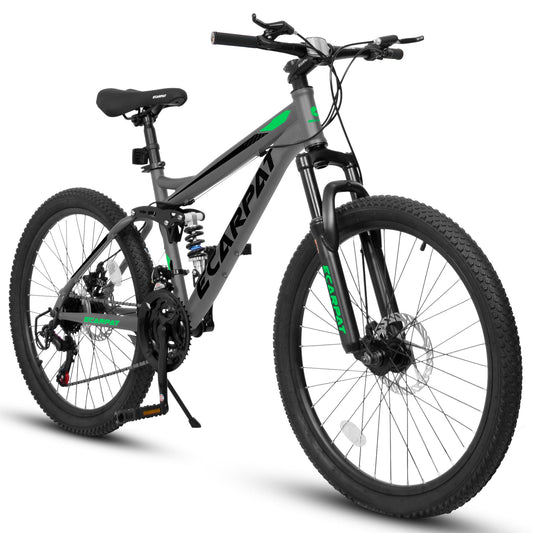 NEW A2460 24 Inch Mountain Bike with Full Suspension, 21 Speed Shifter Lever with Gear Indicator, High Carbon Steel Frame, Mechanical Disc Brakes, Unisex for Men/Women/ Adults, Ideal for Trails.