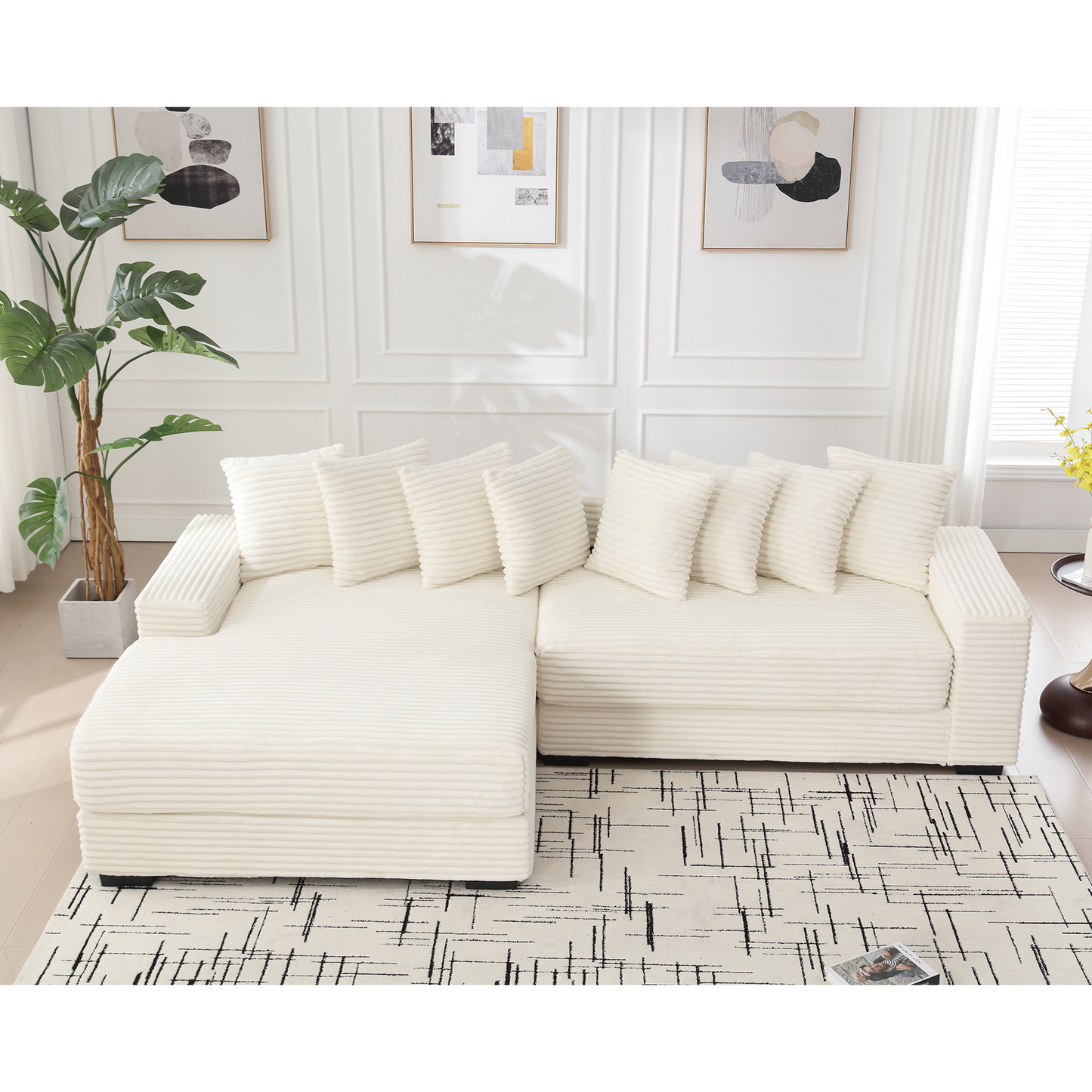 NEW Oversized Two-Piece  Couches,  L Shaped Sofa, Corduroy, Left Chaise Daybed,with Armrests,Eight Throw Pillows,Corner Sofa,Easy To Assemble, Beige