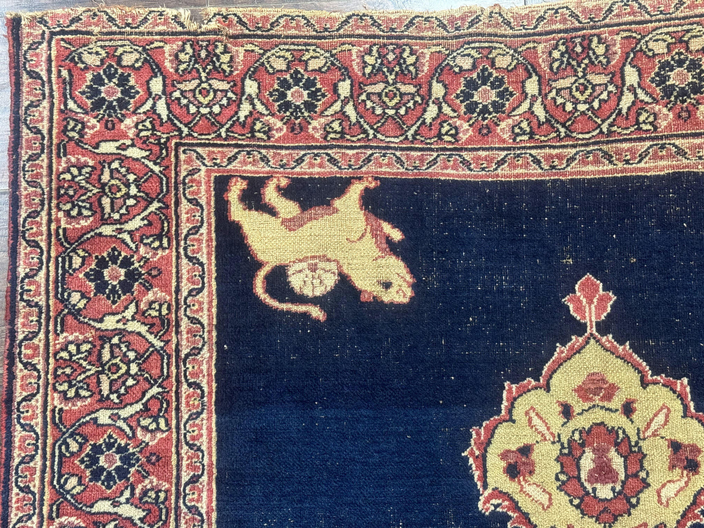 USED Antique Persian Mashad Rug 4x6, Semi Open Field, Navy Blue, Lion Pictorials, Triple Medallion, Dorokhsh Rug