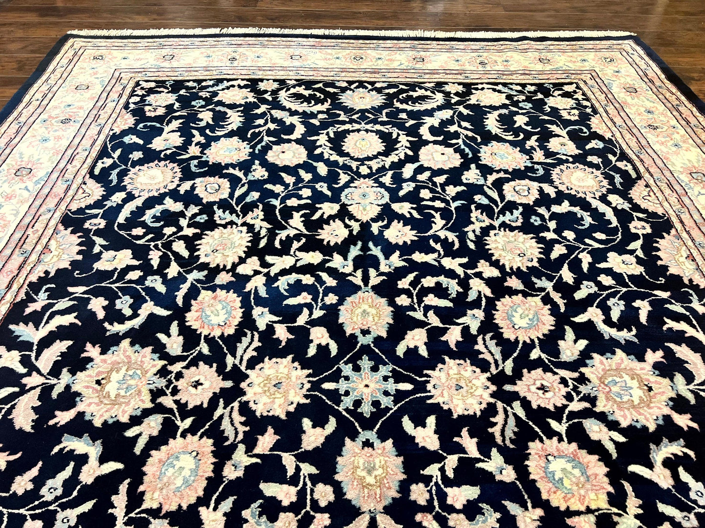 USED Indo Persian Rug 9x12, Navy Blue and Ivory/Cream, Floral Allover, Wool Vintage Handmade Carpet