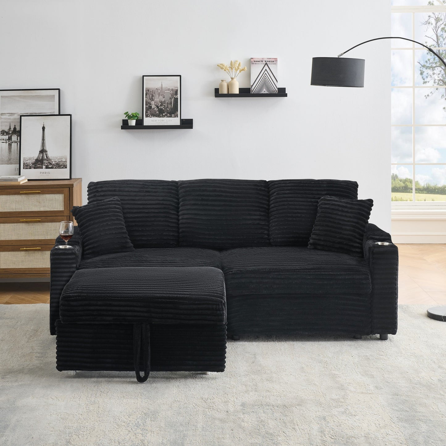 NEW 80' Corduroy Multi-Function Sofa with Hidden Reclining, Space Saving Design, Armrests, Cup Holders and Removable Footstool, Black