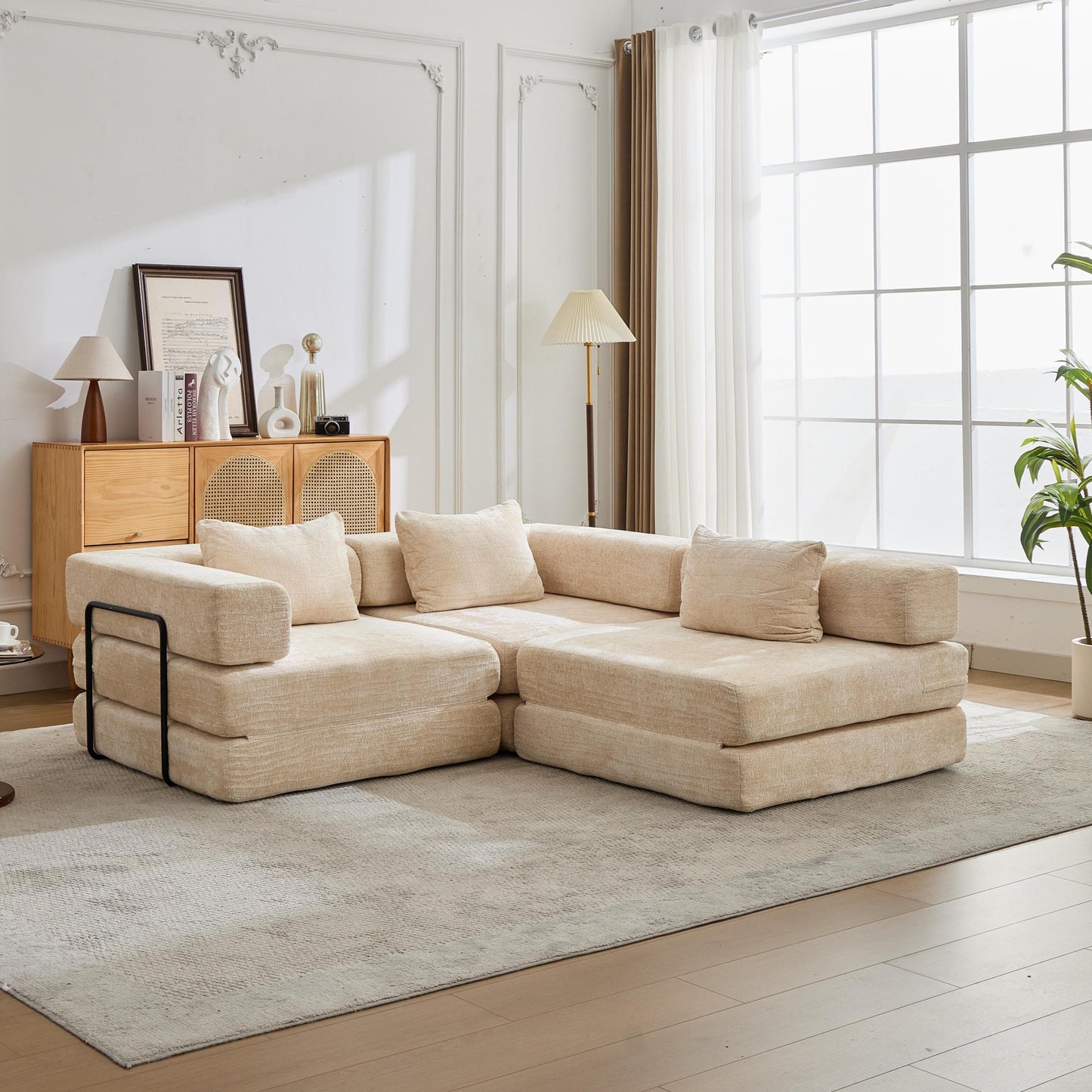 NEW Beige Chenille Fabric Boneless Modular Sectional Sofa Compression Convertible Floor Couch Bed with Fixed-Shape Frame