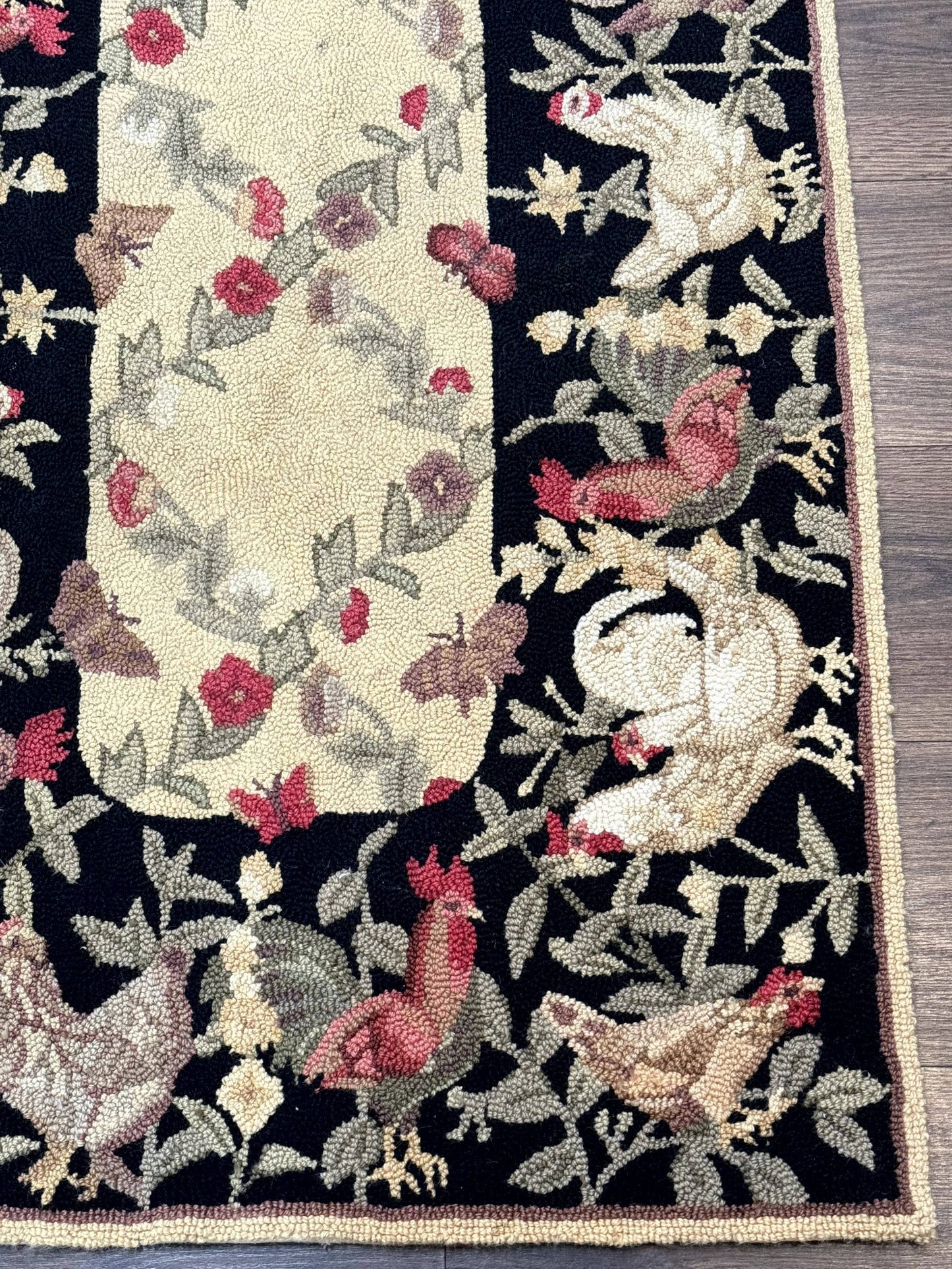 USED Small Vintage Hooked Rug, Roosters, Handmade, Wool