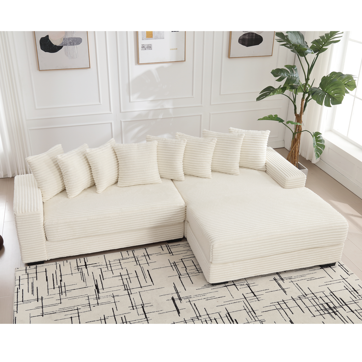 NEW Beige Corduroy Oversized Two-Piece L Shaped Sofa Couch (Right Chaise Daybed Corner with Armrests and Eight Throw Pillows