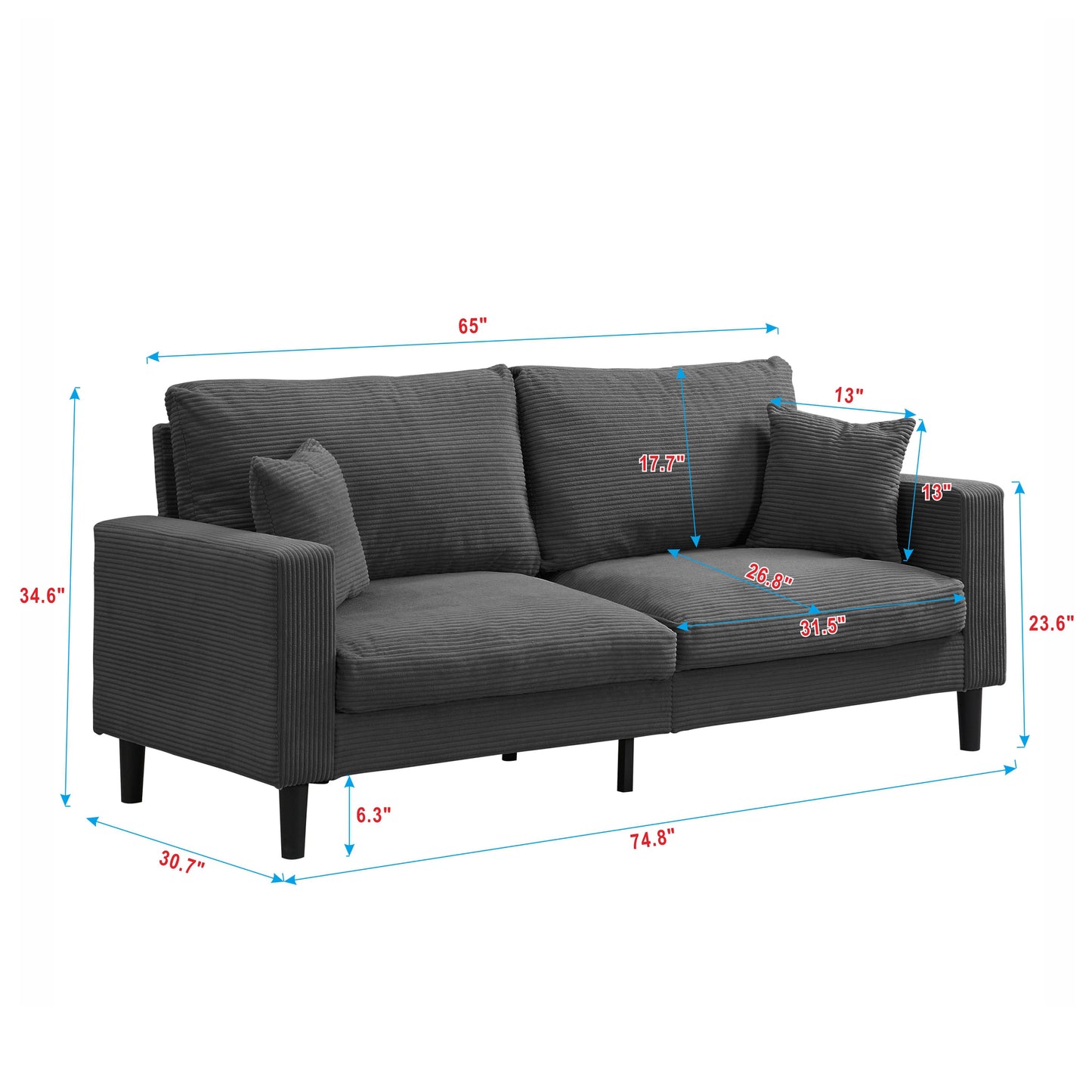 NEW Modern Dark Gray Corduroy Upholstered 74' High Resilience Three Seater Sofa with Wooden Frame