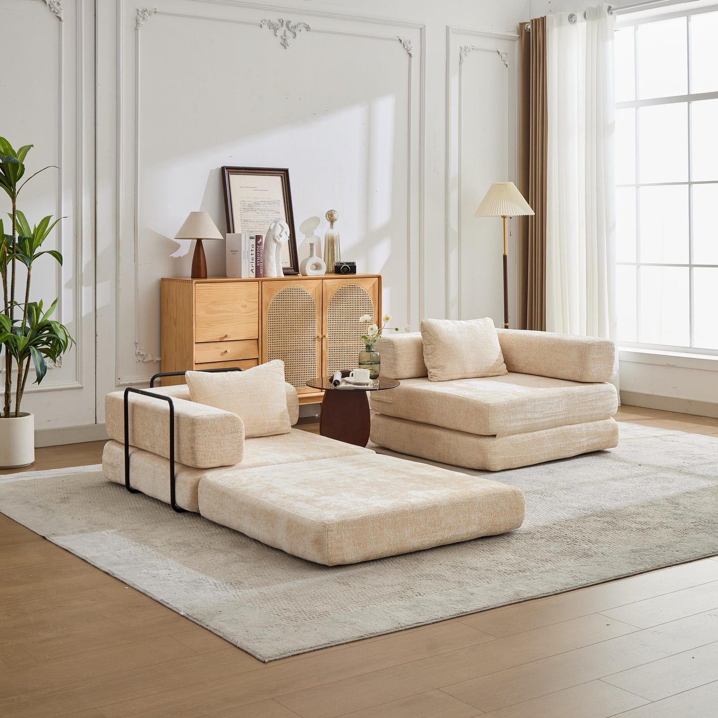 NEW Compression Convertible Floor Fixed-Shape Frame Loveseats Boneless Modular Sectional Sofa Bed in Beige Chenille Fabric