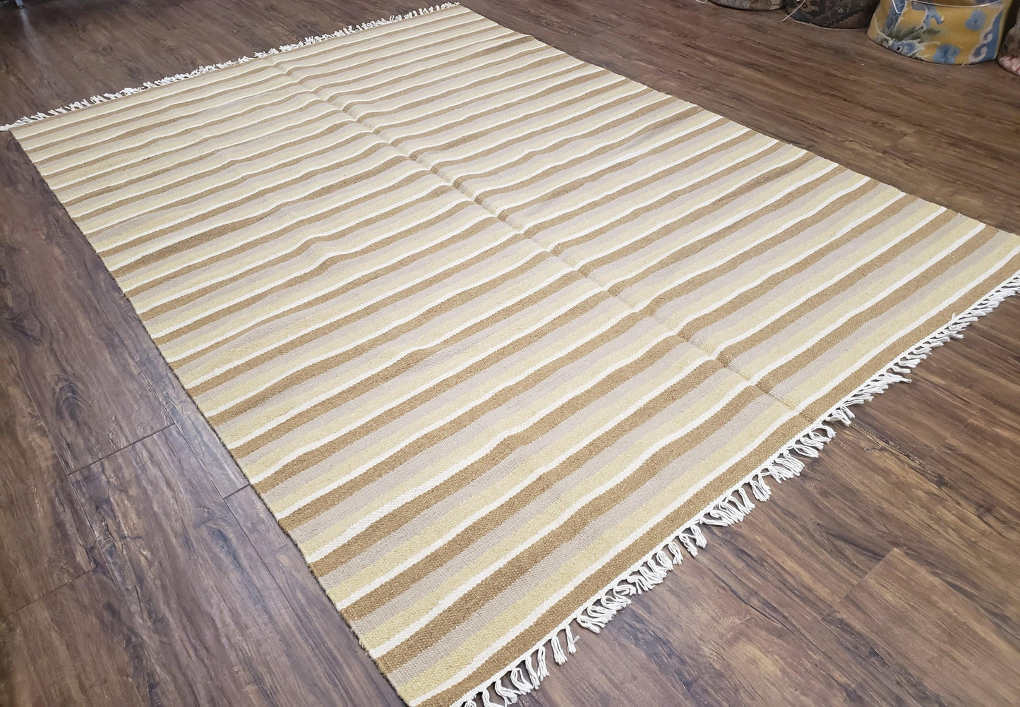 USED New Indian Striped Blanket, Multicolor Earthern Tones Kilim Rug, Wool Handmade South American Style Blanket, Queen Sized Bedspread 5x8 - 6x8