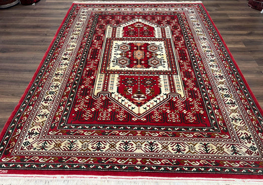 USED Wool Kazak Pattern Rug 7x10, Geometric Pakistani Hand Knotted Carpet, Large Medallion, Red Cream Dark Green, Room Sized Vintage Oriental Rug