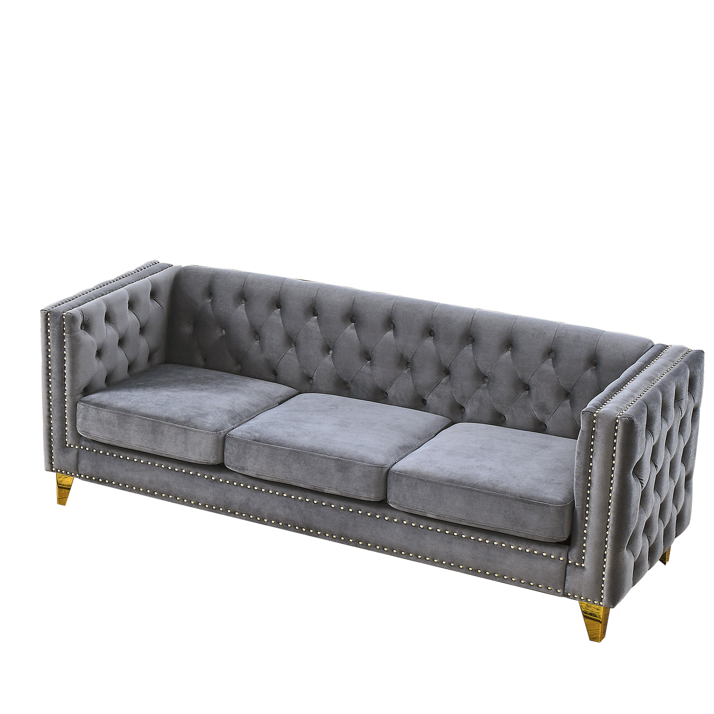 NEW Velvet Sofa for Living Room, Buttons Tufted Square Arm Couch, Modern Couch Upholstered Button and Metal Legs, Sofa Couch for Bedroom, Grey Velvet .2PCS