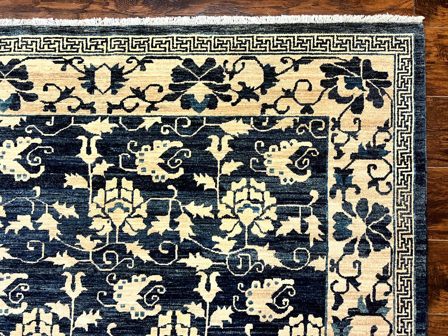 USED Sino Persian Rug 6x9, Hand Knotted Wool Carpet, Floral Allover, Blue Cream-Tan