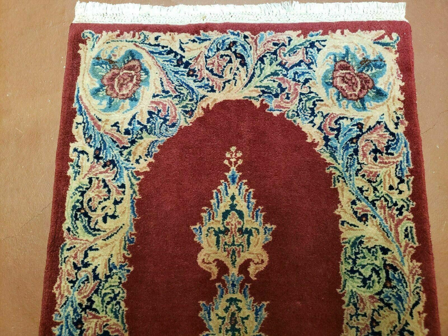 USED Small Persian Kirman Rug 2x4, Wool Oriental Vintage Handmade Carpet, Hand Knotted Floral Medallion, Red & Beige, Semi Open Field