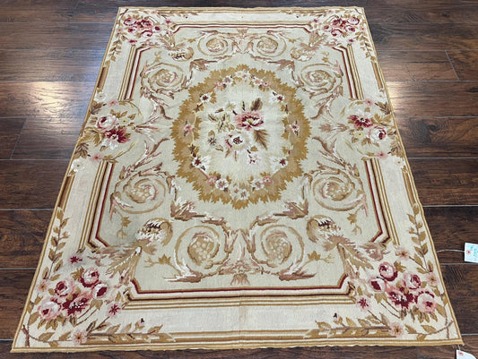 USED Aubusson Needlepoint Rug 4x5 ft, Beige and Tan, Aubusson Savonnerie Vintage Carpet, Handwoven Handmade Wool Rug, European Design Floral Rose