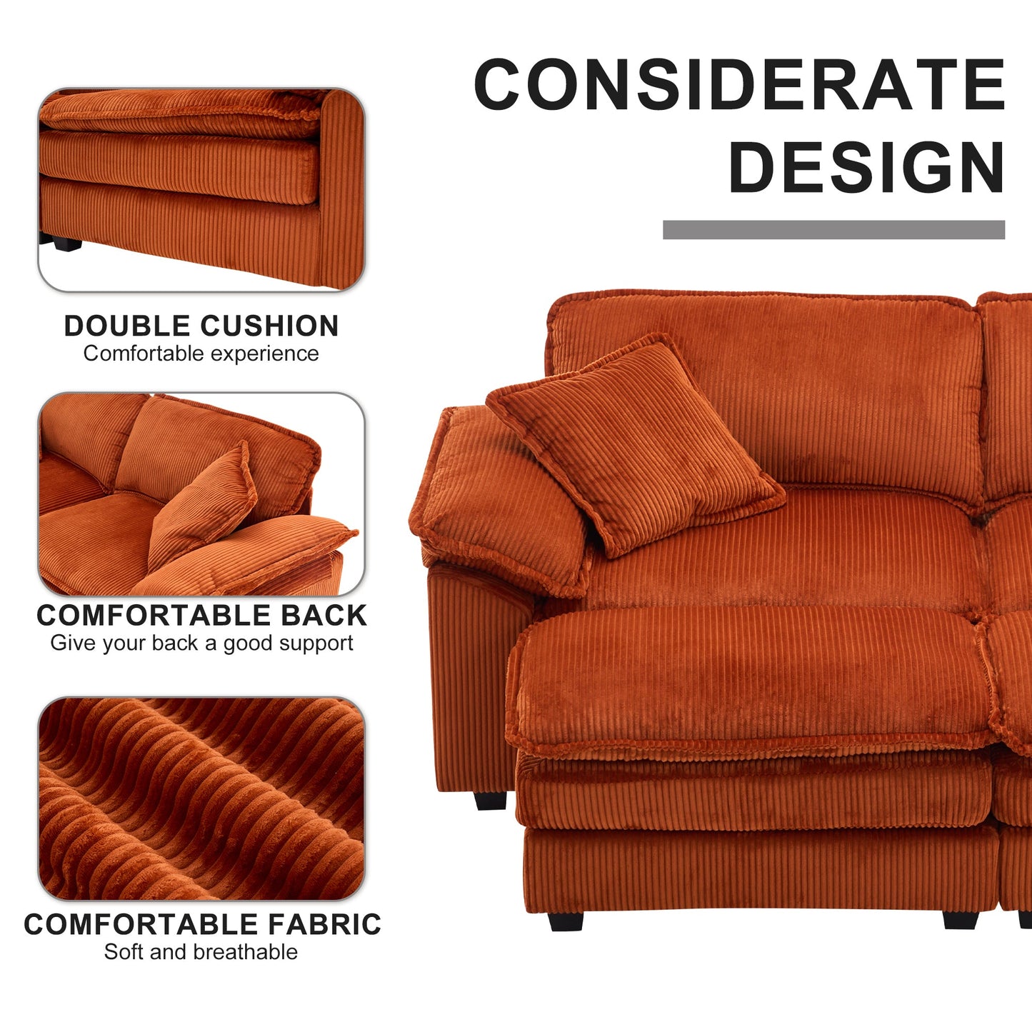 NEW Corduroy 2-seats sofa With 2 back pillows,2 toss pillows and two ottoman,Comfy Sofa- Deep Seat Couch for Living Room,Orange