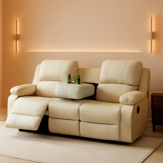 NEW Beige 3 Seater Manual Reclining Sofa With Cup Holders