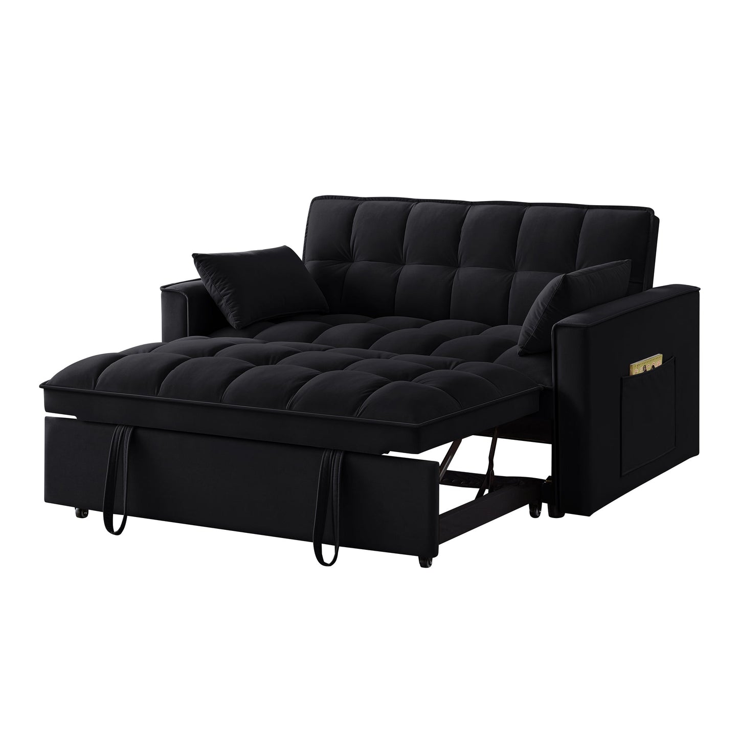 NEW 4 in1 Loveseat Sofa Bed with Armrests & Storage Pockets, Multi-Function Tufted Pull-out Sofa Bed with Adjustable Backrest and Pillows, Convertible Loveseat Sofa Couch,Black