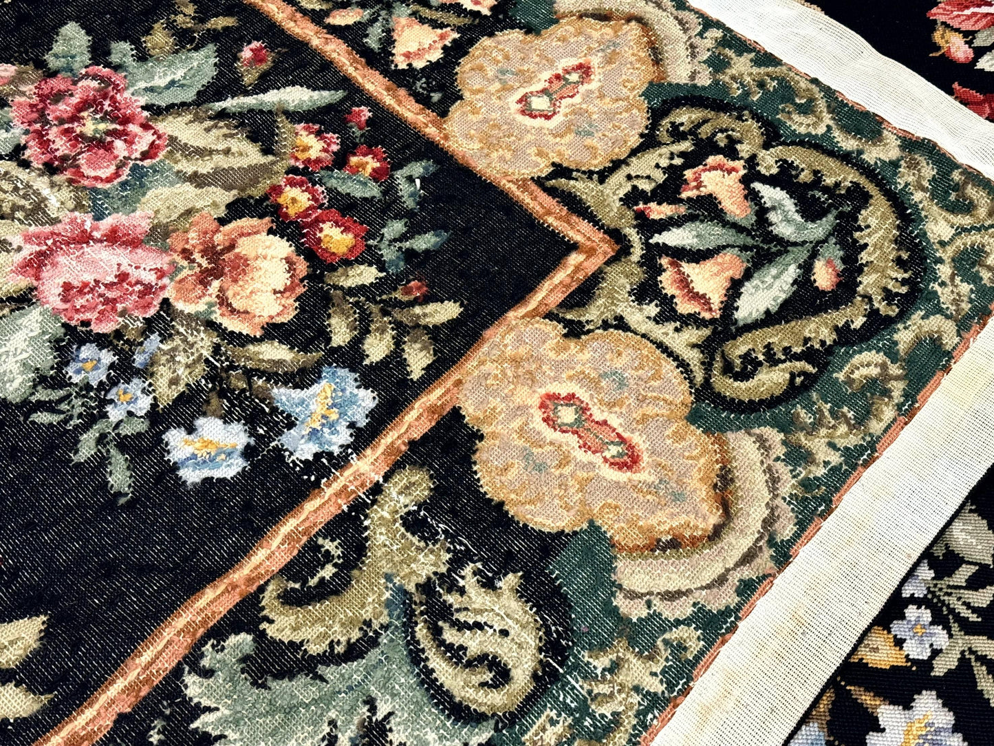 USED Palace Size Needlepoint Rug 12x16, Black and Colorful, Floral Panel, Handmade Oversized Wool Needlepoint Carpet, Rare