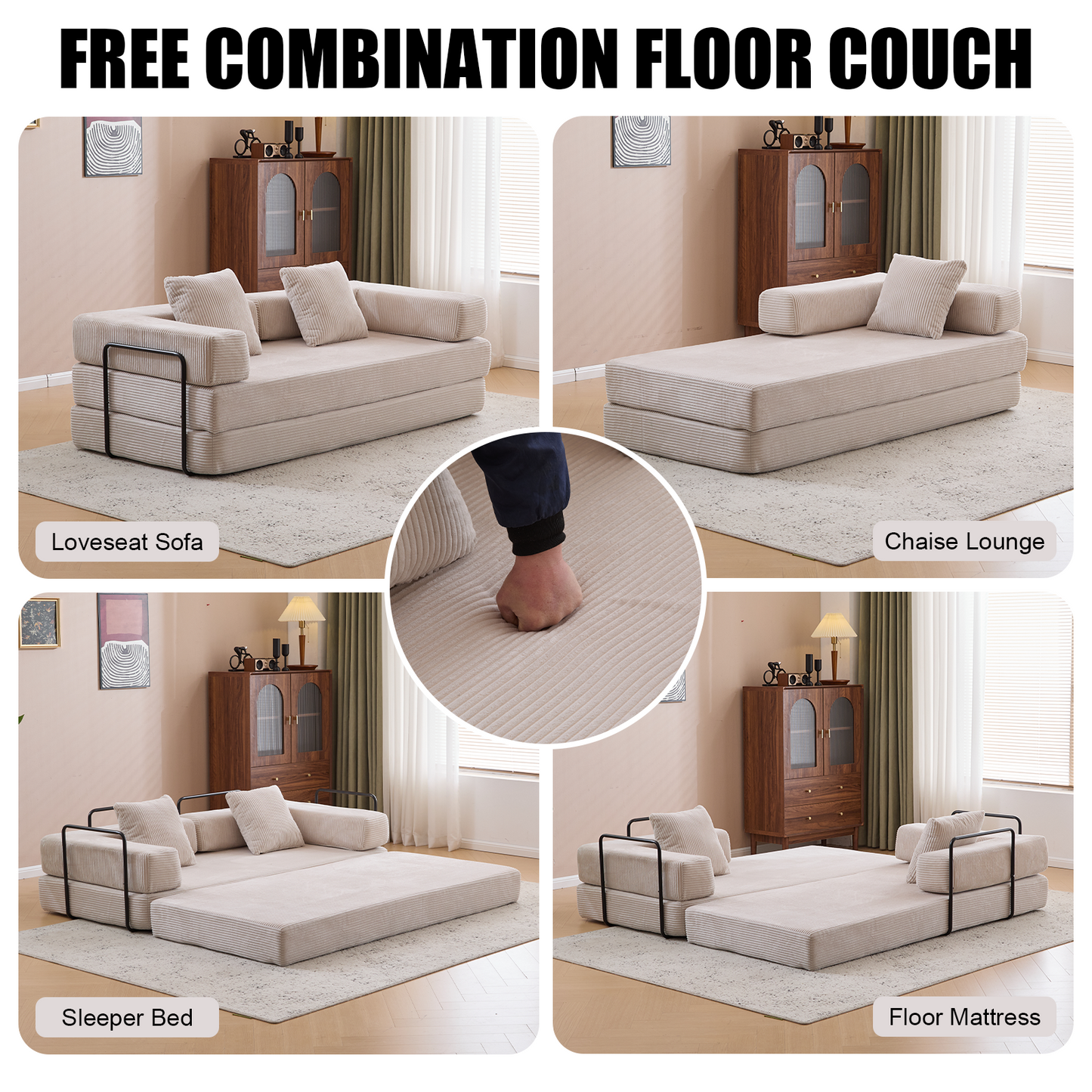 NEW Floor Compression Convertible Comfy Futon Lounge Sleeper Bed Floor Couch Sofa Bed with Pillow Back Support Armrest in Light Gray Corduroy Fabric