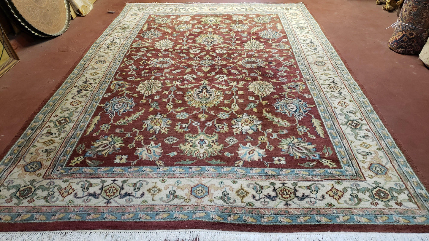 USED 8x12 Indo-Mahal Rug, Floral Allover, Red & Beige, Wool Vintage Handmade Traditional Carpet