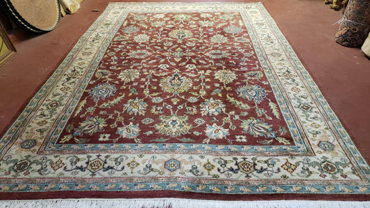 USED 8x12 Indo-Mahal Rug, Floral Allover, Red & Beige, Wool Vintage Handmade Traditional Carpet