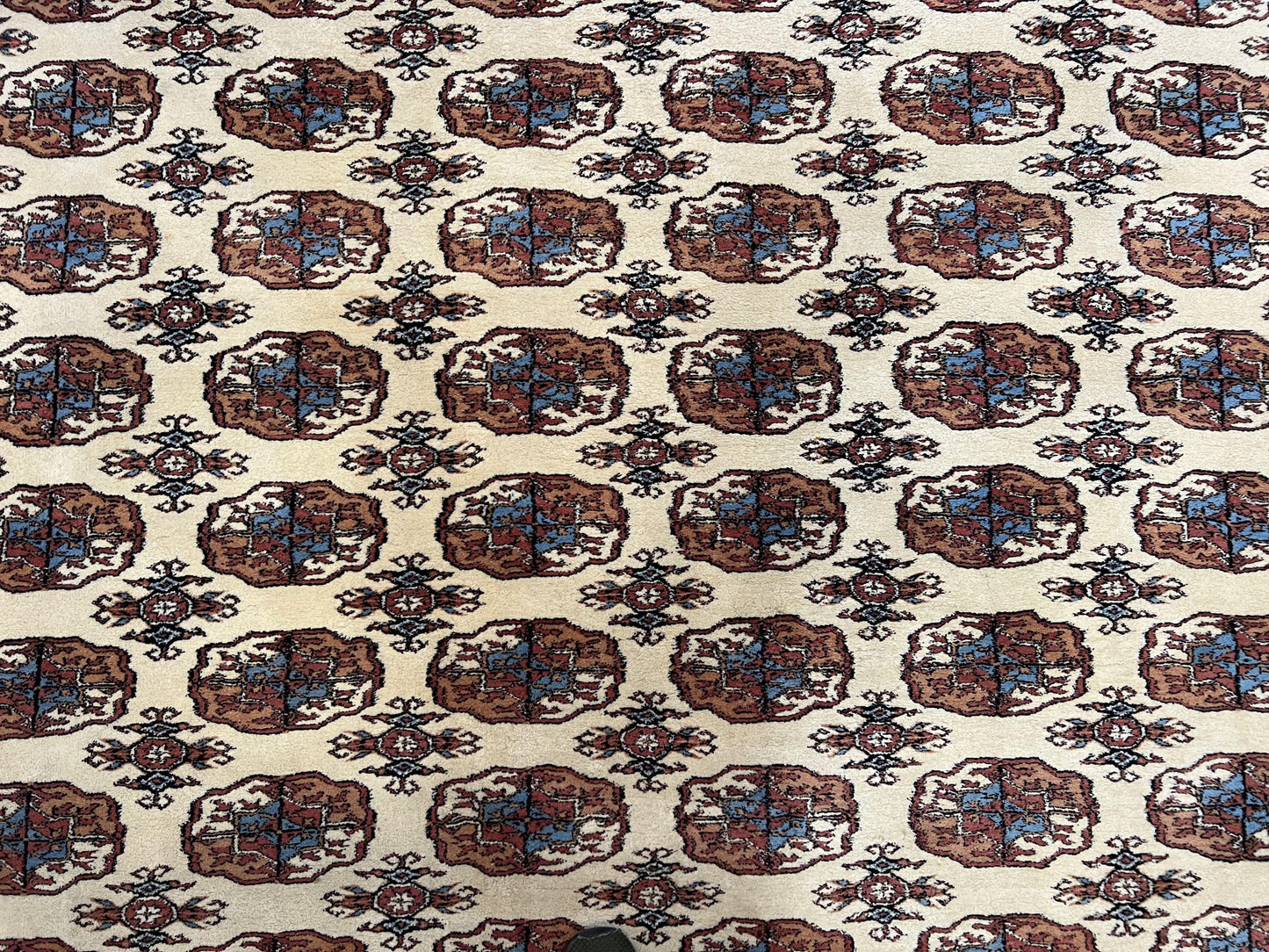 USED Pakistani Bokhara Rug 8x10, Traditional Turkoman Tribal Carpet, Allover Repeated Elephant Foot Motif, Ivory/Cream Black Red, Vintage Handmade