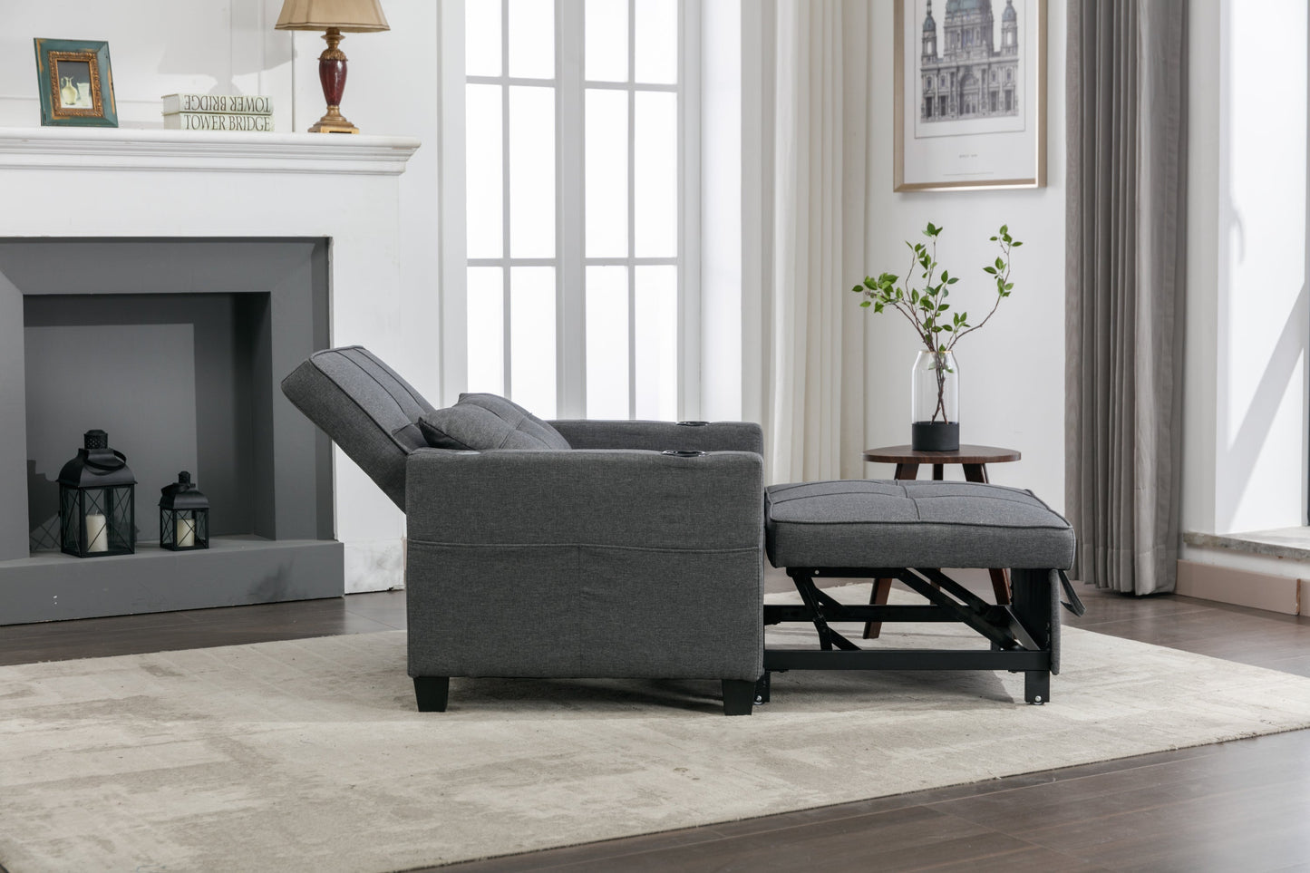 NEW Dark Grey Linen Futon Bed Convertible Chair 3-in-1 Pull Out Sleeper