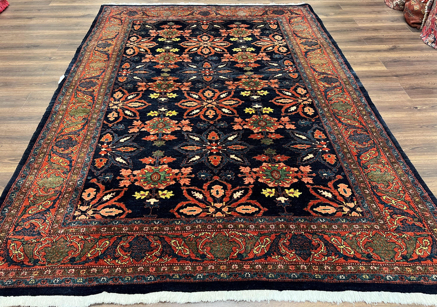 USED Wonderful Persian Rug 7x10, Navy Blue and Red, Allover Floral Pattern, Bidjar Carpet, Authentic Oriental Rug 7 x 10, Wool Hand Knotted Rug