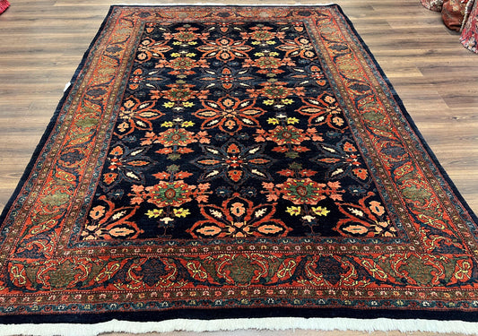 USED Wonderful Persian Rug 7x10, Navy Blue and Red, Allover Floral Pattern, Bidjar Carpet, Authentic Oriental Rug 7 x 10, Wool Hand Knotted Rug