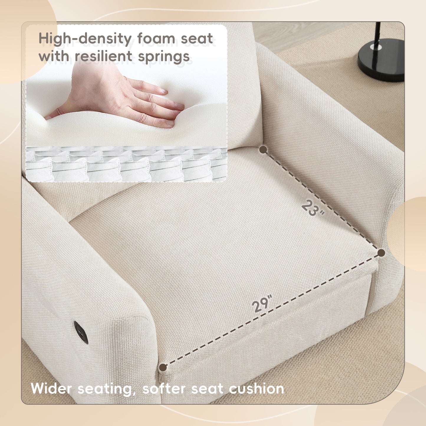 NEW 42*33' Single Sofa, Armchair with Wide Seat, Dual-port Charger, Pull-line & Tufted Design, High-density Foam, Suitable for Living Room & Apartment, Chenille, 2 Colors