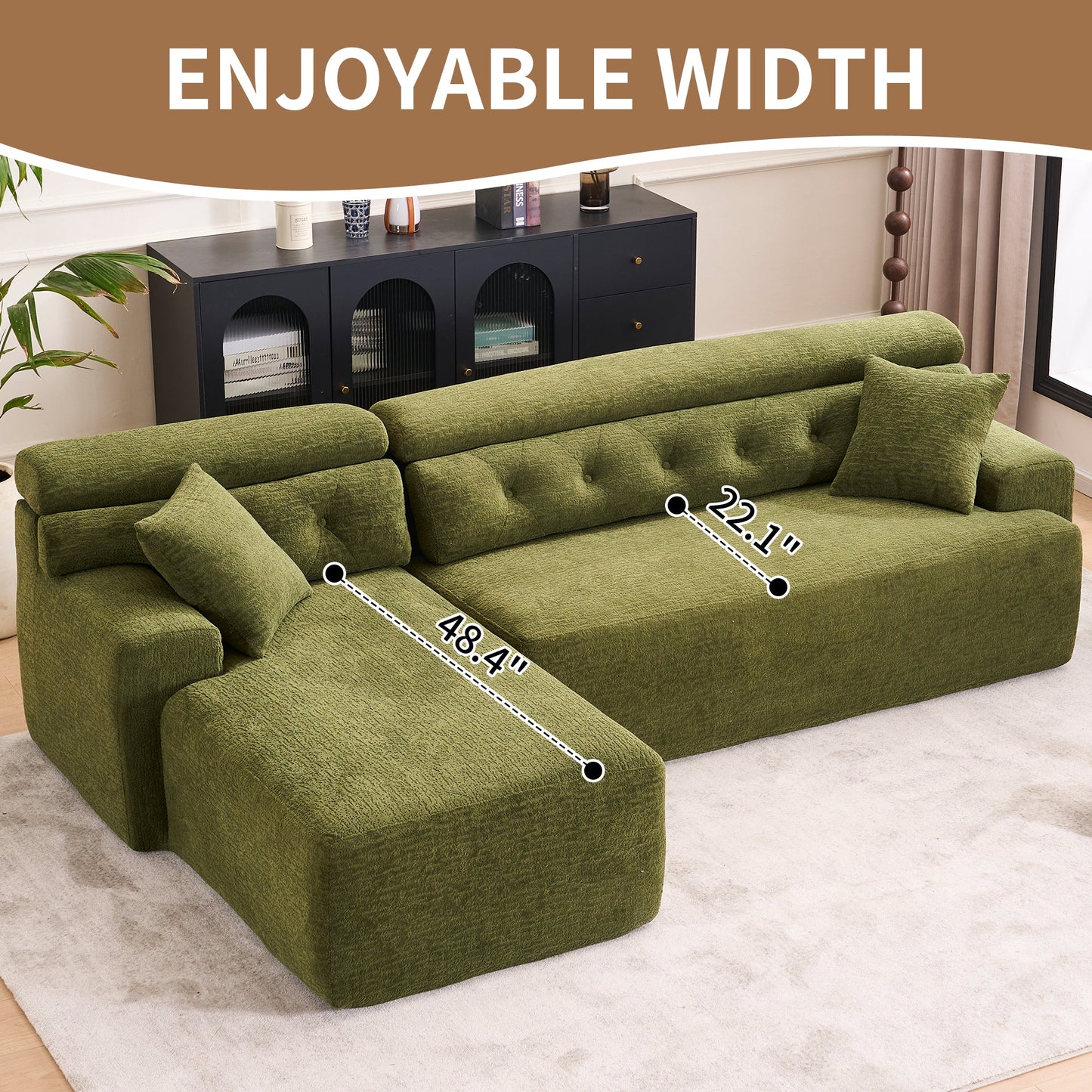 NEW 105' Modula Compression Sponge L-Shaped, Chesterfield-Inspired Design, No-Assembly Chenille Couch, 30D High-Density for Living Room, Bedroom, Apartment.Green.