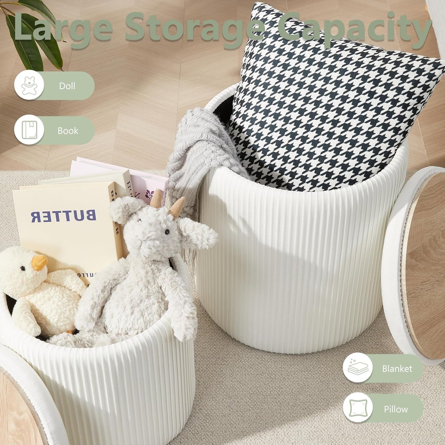 NEW Compact Round Velvet Storage Ottoman TwoPack White