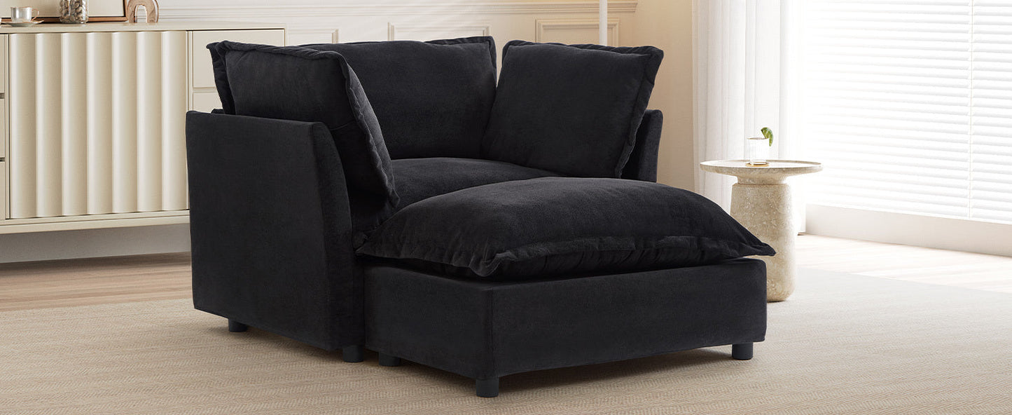 NEW Modern Armchair Sofa 47' Cozy Upholstered Sofa Chair with Movable Ottoman, Black Chenille, Wide Seat & Curved Armrests