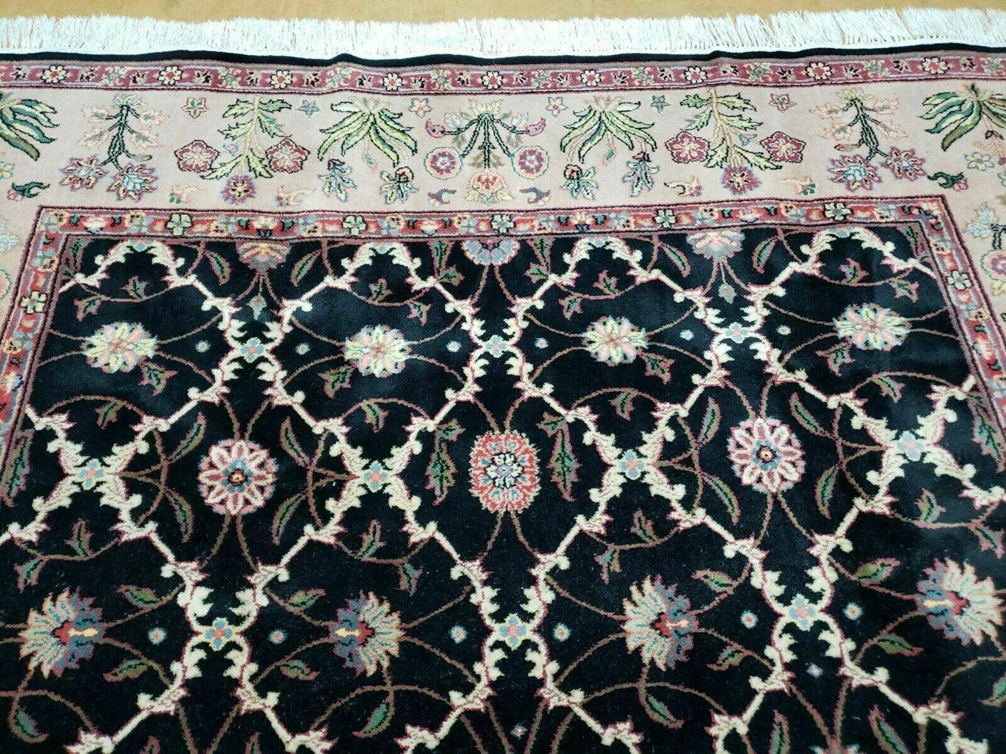 USED 6' X 9' Handmade India Floral Oriental Wool Rug Carpet Hand Knotted Nice Black