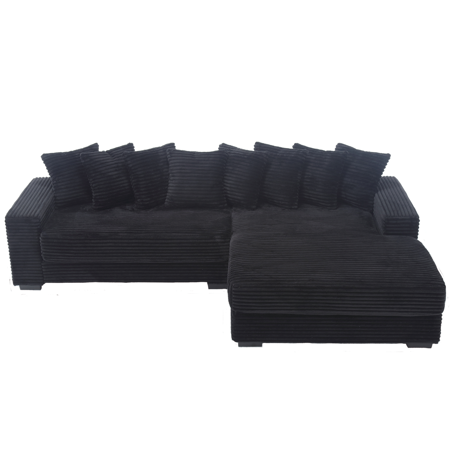 NEW Oversized Black Two-Piece Couch L Shaped Sofa Corduroy Right Chaise Daybed with Armrests Eight Throw Pillows